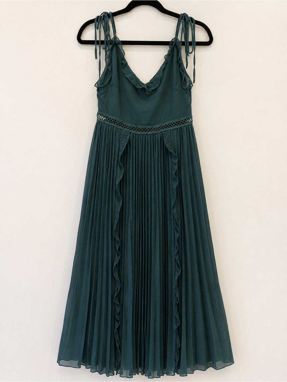 Lulus NWT Teal Pleated Ruffle Maxi Dress Crochet Waist Size Small - Picture 2 of 5
